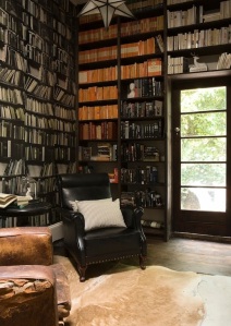 Deborah Bowness bookshelf wallpaper and real Penguins